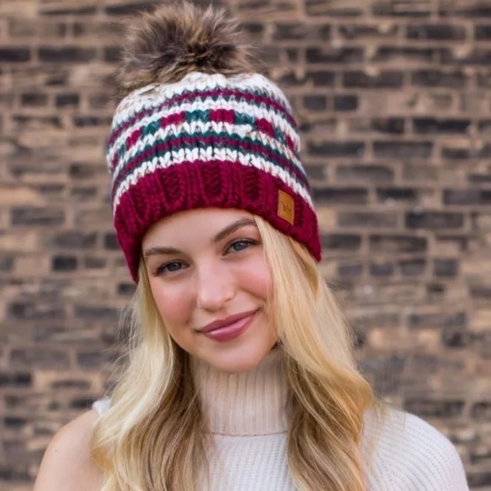Multi Colored Holiday Beige Red Green Knit Faux Fur Pompom Beanie Winter Hat - Picture 4 of 5